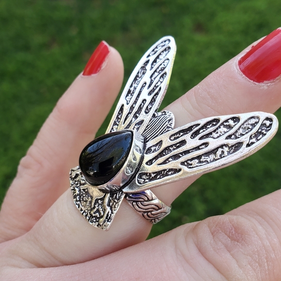 New Black Onyx Flying Insect Silver Ring. - Picture 10 of 15